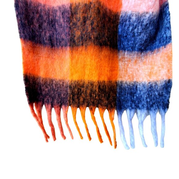 Cozy Wool Blend Shawl Winter Scarf Fringe Orange Black White 75 x 20 In Chunky - Picture 6 of 10